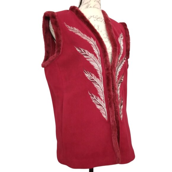 Bob Mackie | Cranberry Red Embroidered Fleece Vest Front Zip | Size L - Picture 1 of 8